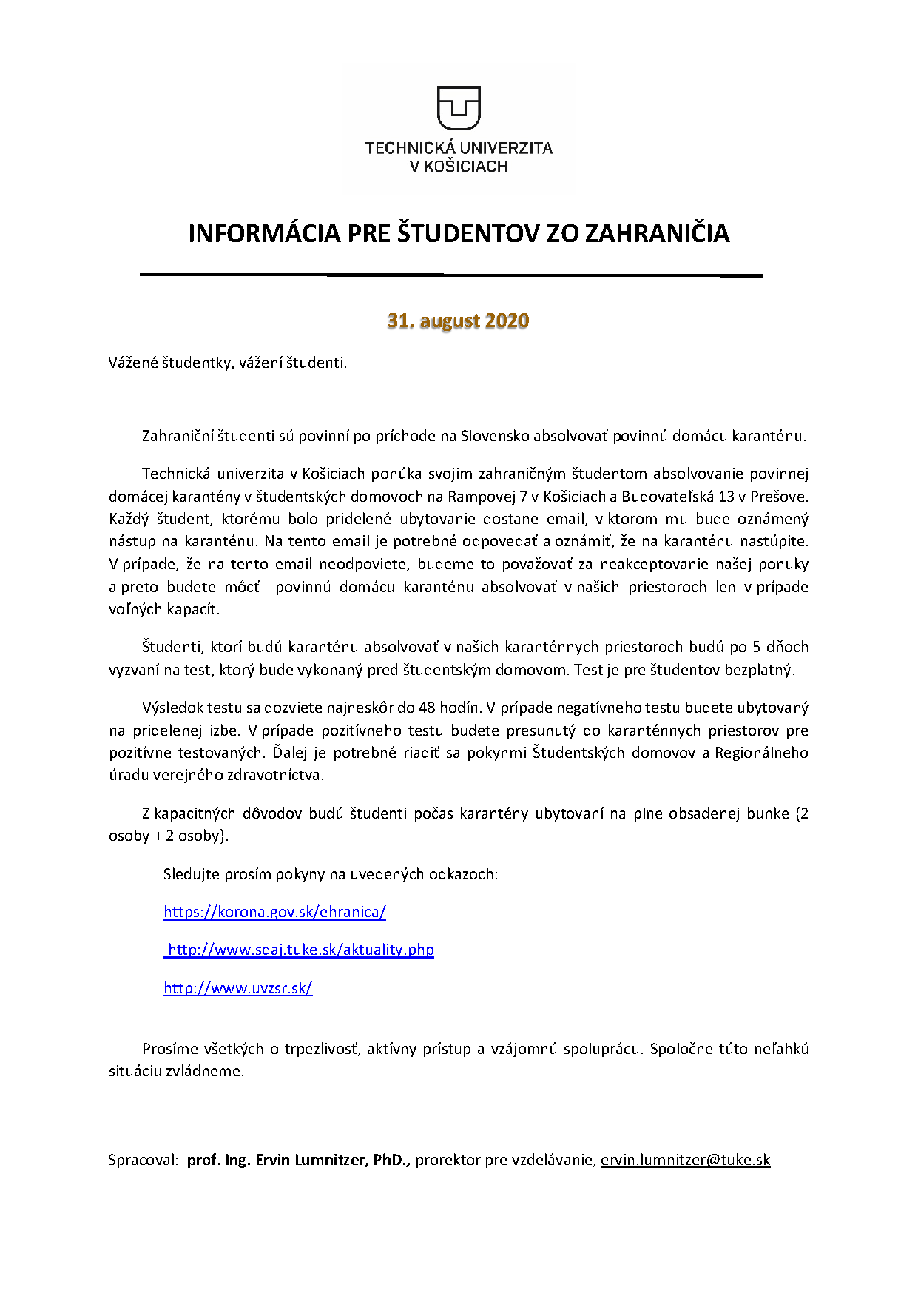 informacia pre studentov zo zahranicia ubytovanych tuke 31 8 2020 1