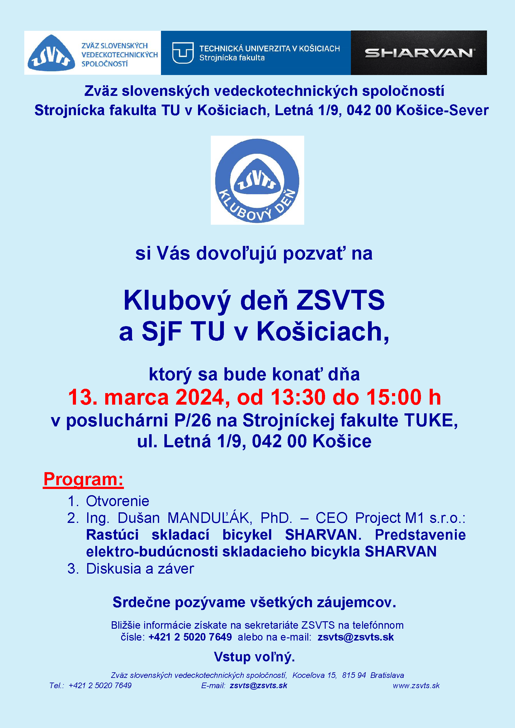 Pozvánka Klubový deň ZSVTS a SjF TUKE 13. marec 2024