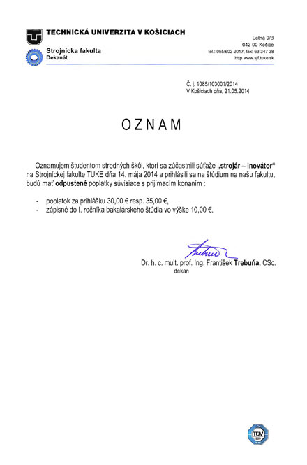 oznam strojar inovator 2014